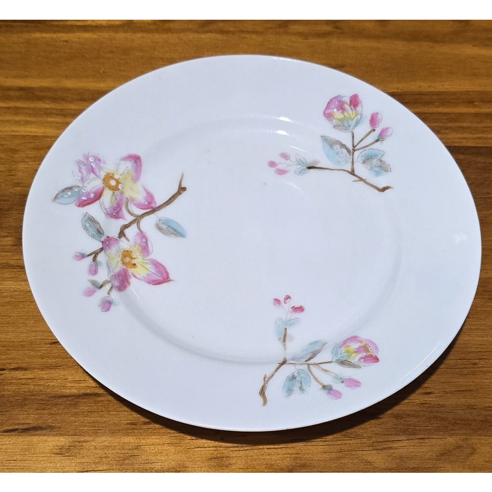 Hand Painted Floral Porcelain Plate - Pink & Gold Enamel Accents - Vintage
